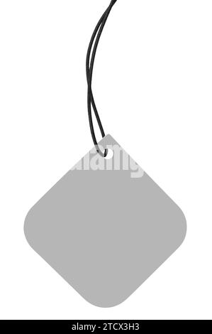 Leeres Graues Pappverkauf-Tag Und Schwarze Schnur, Leeres Quadratisches Preis-Etikett Hintergrund, Vertikal Isoliert Detaillierte Hängende Graue Abzeichen Copy Space Makro Stockfoto