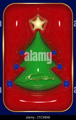 3D-Weihnachtsbaum im glänzenden Kunststoffdesign, dreidimensionale leuchtende Karte, hellgrüne Tanne für Cover, Einladung, Kalender, Party, Etikett, Mode Stock Vektor