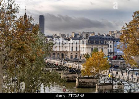 Der Blick auf die Pont des Arts, eine Fußgängerbrücke über die seine, vom Louvre aus gesehen, Paris, Frankreich Stockfoto