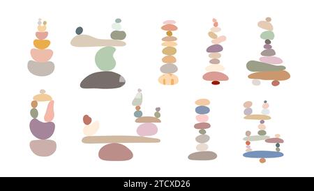 Zen Stone cairns in einfacher abstrakter Doodle Stil Vektor Illustration, Relax, Meditation Yoga Konzept, Boho Farbe Stein Pyramide für die Herstellung von Banner, Poster, Karte, Druck, Wandkunst Stock Vektor