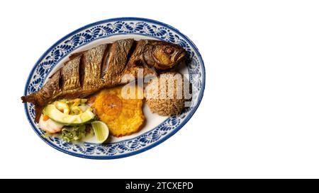 Gebratener Sardellenfisch mit Kokosreis, Patacon und Gemüsesalat Stockfoto