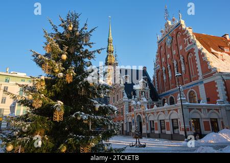 Geschmückter Weihnachtsbaum auf dem Rathausplatz im Winter. Altstadt von Riga, Lettland. Stockfoto