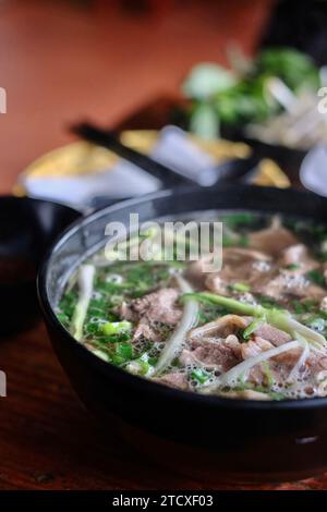 Eine Schüssel traditionelles nordvietnamesisches Pho Tai lan: Reisnudelsuppe mit Wokfrittiertem Rindfleisch und knusprigem Knoblauch in Rindertalg gekocht Stockfoto