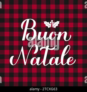 Buon Natale Kalligraphie Handschrift auf rotem Büffelkarienhintergrund. Frohe Weihnachten Typografie Poster auf Italienisch. Vektorvorlage für Begrüßungswagen Stock Vektor