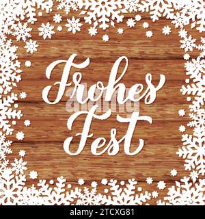 Frohes fest Kalligraphie Handbeschriftung auf hölzernem Hintergrund mit Schneeflocken. Happy Holidays Typografie Poster auf Deutsch. Vektorvorlage für Begrüßung c Stock Vektor