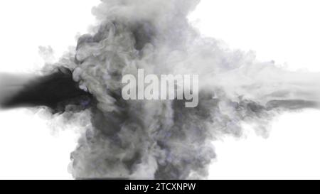 Weiße und graue Rauchwolken treffen auf einen weißen Hintergrund. 3D-Abbildung. Stockfoto