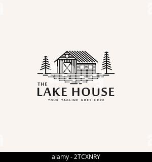 fluss Haus Logo Stempel, Illustration Vektor Grafik der abstrakten Marke, flach, Abzeichen, Emblem, einfach, minimalistisch, modern, Line Art Stil, Design templat Stock Vektor