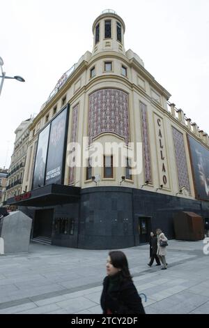 Madrid 02-19-2010 Fassade des Callao-Kinos anlässlich des hundertjährigen Jubiläums der Gran Via Foto Jaime Garcia Archdc. Quelle: Album / Archivo ABC / Jaime García Stockfoto