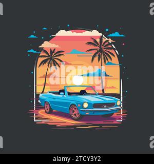 Illustration eines blauen Autos im Sonnenuntergang. Perfekt für T-Shirts, Logos, Aufkleber und andere. Für die Sommersaison geeignet. Fahrzeugvektorillustr Stock Vektor