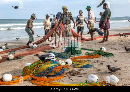 Seine-Fischer ziehen ihre Fischernetze am späten Nachmittag vom Indischen Ozean zum Strand Uppuveli in Sri Lanka. Stockfoto