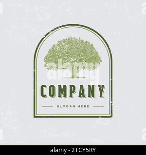 Silhouette Des Eichenhornbaums. Wohnlandschaft Vintage. Oak Tree Concept Logo-Vorlage Stock Vektor