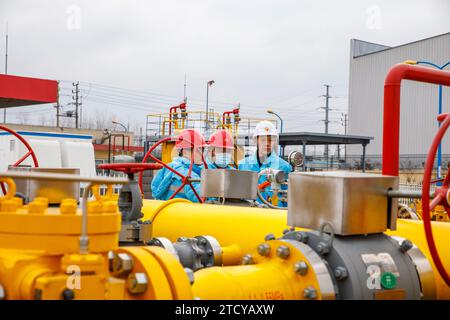 LIANYUNGANG, CHINA - 15. DEZEMBER 2023 - die Mitarbeiter der Gasmanagementabteilung und die Mitarbeiter des Gasversorgungsunternehmens überprüfen gemeinsam den sicheren Betrieb Stockfoto