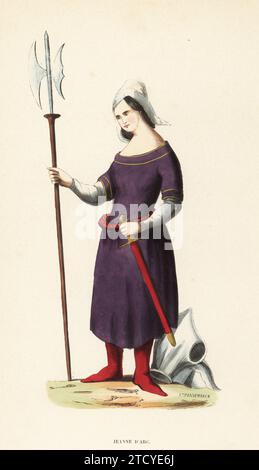 Porträt von Jeanne d'Arc, 15. Jahrhundert. In cornette, lila Justaucorps, rote Stiefel, bewaffnet mit Hellebard und Schwert, neben einem Brustschild und Helm. Aus einem Manuskript in der Bibliothèque royale de Paris. Jeanne d'Arc, La Pucelle d'Orleans, XVe Siecle. Handkolorierter Holzschnitt von AT. Pannemaker aus Jacques Joseph van Beverens Kostüm du Moyen Age, mittelalterliches Kostüm, Librairie Historique-Artistique, Brüssel, 1847. Stockfoto