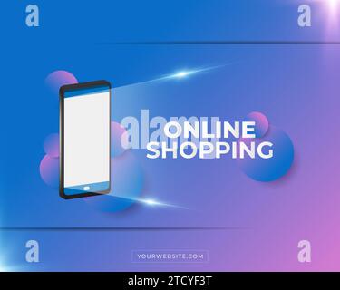 Online-Shopping-Banner oder -Poster mit Smartphone-Lichtern und 3D-Ball auf farbenfrohem Hintergrund Stock Vektor