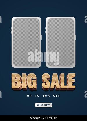 Große Werbebanner-Vorlage mit goldfarbenem 3D-Text und Smartphone auf blauem Hintergrund. Social Media-Feeds oder Vorlagen für Geschichten Stock Vektor