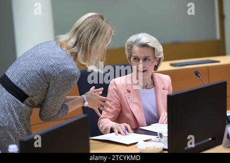 (231215) -- BRÜSSEL, 15. Dezember 2023 (Xinhua) -- die Präsidentin der Europäischen Kommission Ursula von der Leyen (R) nimmt am 14. Dezember 2023 an einem Treffen der Staats- und Regierungschefs der Europäischen Union (EU) in Brüssel, Belgien Teil. Die Staats- und Regierungschefs der EU haben am Donnerstag vereinbart, EU-Beitrittsgespräche mit der Ukraine und der Republik Moldau aufzunehmen und Georgien den Kandidatenstatus zu gewähren. (Xinhua/Zhao Dingzhe) Credit: Xinhua/Alamy Live News Stockfoto