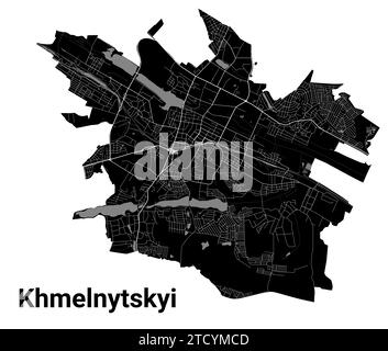 Khmelnytskyi Stadtplan, Ukraine. Kommunale Verwaltungsgrenzen, Schwarzweiß-Landkarte mit Flüssen und Straßen, Parks und Eisenbahnen. Vektorillustrat Stock Vektor