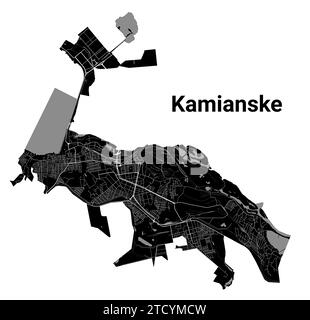 Stadtplan Kamianske, Ukraine. Kommunale Verwaltungsgrenzen, Schwarzweiß-Landkarte mit Flüssen und Straßen, Parks und Eisenbahnen. Vektorabbildung Stock Vektor