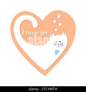 Valentinstag Herz mit weißer Katze, 2024 Peach Fuzz Farbtrend, Elementdesign für Liebhaber. Grußkarte. . Vektorabbildung Stock Vektor