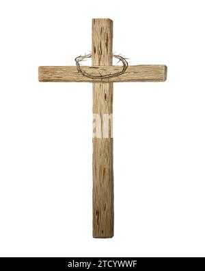 Aquarell Holzkreuz mit Dornenkrone für ostern, heiligen Donnerstag, Taufe, religiöse Illustration isoliert auf weiß Stockfoto