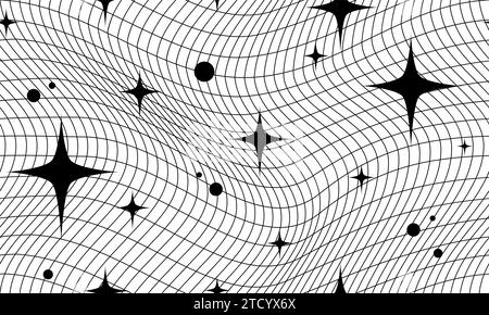 Retro-futuristisches abstraktes Wellenraster und nahtloses Muster für geometrische Formen. Wireframe Avant-Garde-Print in Schwarz-weiß-Farben. Polygonale 3D-Oberfläche, Vektorabbildung. Stock Vektor