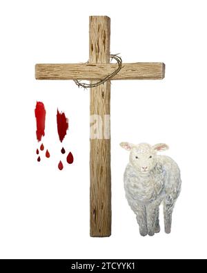 Aquarell Holzkreuz, Lamm, Dornenkrone, Blut zu Ostern, heiliger Donnerstag, Taufe, religiöse Illustration isoliert auf weiß Stockfoto