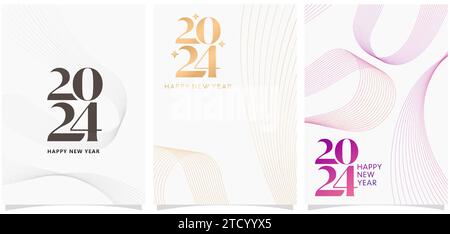 Drei Banner Modelle Designs mit Linien die Zahlen 2024 isolierte Hintergründe für Neujahrskalender, Cover, Social Media Header, Grußkarten Stock Vektor