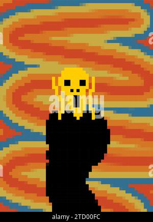 Scream munch Pixel Art. 8-Bit-Mann hat Angst und schreien. Verpixelter Art Horror, Stock Vektor