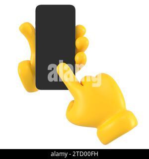 Gelbe Emoji-Hand hält und tippt auf den schwarzen Bildschirm des Smartphones. Isoliert über Mobiltelefon. 3D-Rendering. Stockfoto