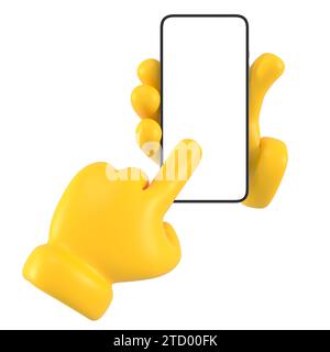 Gelbes Emoji, das Smartphone hält und tippt. Isoliert über Mobiltelefon Stockfoto