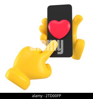 Gelbe Emoji-Hand, die die Herzform auf dem Bildschirm hält und tippt. Mit Smartphone. Isoliertes Mobiltelefon Stockfoto