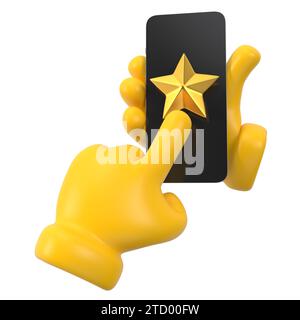 Gelbe Emoji-Hand, die den Stern auf dem Bildschirm hält und tippt. Mit Smartphone. Isoliertes Mobiltelefon Stockfoto