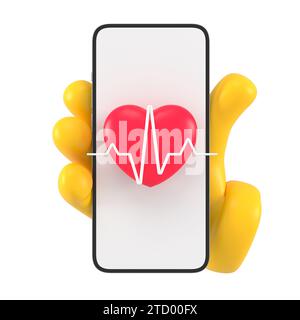 Gelbe Emoji-Hand, die Smartphone hält, mit Herzpuls auf dem Bildschirm. Isoliert über Mobiltelefon und Gesundheitswesen. 3D-Rendering. Stockfoto