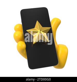 Gelbe Emoji-Hand, die Smartphone mit Stern auf dem Bildschirm hält. Isoliert über Mobiltelefon Stockfoto