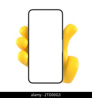 Gelbes Emoji-Handheld-Smartphone mit weißem Bildschirm. Isoliert mit Mockup für Mobiltelefone Stockfoto