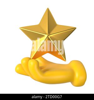 Gelbe Emoji-Hand nimmt oder gibt Stern. Isolierte Goldsterne. Feedback- oder Bewertungszeichen. Beste Belohnung. Stockfoto