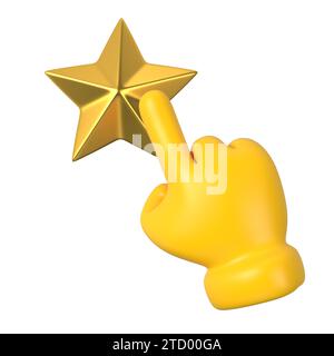 Gelbe Emoji-Hand, die auf den Stern klopft. Isolierter goldener Stern wählen. Feedback- oder Bewertungszeichen. Beste Belohnung Stockfoto