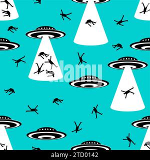 UFOs entführen Menschen Muster nahtlos. Fremde stehlen männlichen Hintergrund. Körperschnapper Verschwörungstheorie Ornament. Weltraumeindringlinge nehmen Menschen als Experte auf Stock Vektor