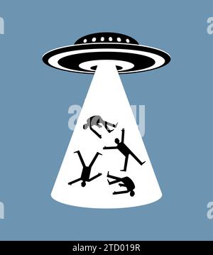 UFOs entführen Menschen. Fremde stehlen Menschen. Die Verschwörungstheorie der Leibschnäpper. Raumeindringlinge nehmen Menschen zu Experimenten mit. Stock Vektor