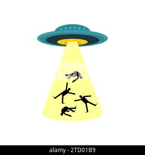 UFOs entführen Menschen. Fremde stehlen Menschen. Die Verschwörungstheorie der Leibschnäpper. Raumeindringlinge nehmen Menschen zu Experimenten mit. Stock Vektor