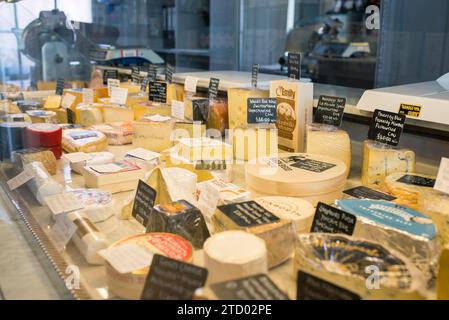 Eine Käsetheke in einem spezialisierten lokalen Lebensmittelgeschäft mit einer tollen Auswahl an Käse. Stockfoto