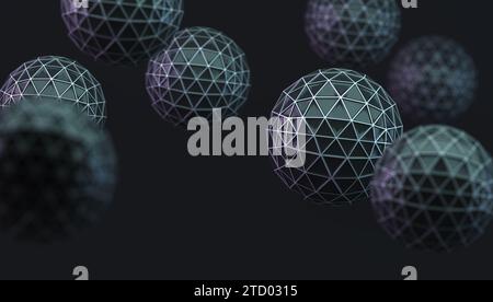 Abstrakter Hintergrund mit Kugeln und geometrischen Formen im dunklen Raum Stockfoto