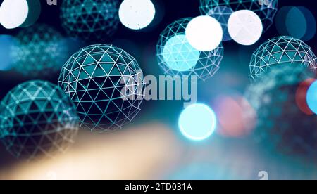 Abstrakter Hintergrund mit Kugeln und geometrischen Formen im dunklen Raum Stockfoto