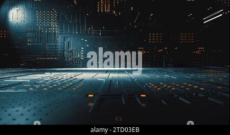 Futuristische Struktur mit Linien und Würfeln und geometrischen Formen.3D-Abbildung. Stockfoto