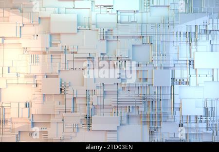 Futuristische Struktur mit Linien und Würfeln und geometrischen Formen.Technologie und Wissenschaft weißer Hintergrund.3D-Illustration Stockfoto