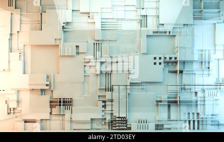 Futuristische Struktur mit Linien und Würfeln und geometrischen Formen.Technologie und Wissenschaft weißer Hintergrund.3D-Illustration Stockfoto