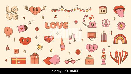 Alles Gute zum Valentinstag. Set mit funky, groovigen Hippie-Grafiken. Trendige Ikonen der 60er 70 Jahre in rosa und roter Farbe. Love and Dating Konzept. Vintage y2k-Zeichen Stock Vektor