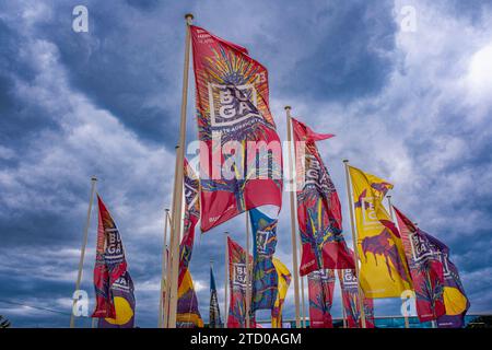 Fahnen auf der Fläche der Bundesgartenschau, BUGA 2023, in Mannheim, Deutschland, Baden-Württemberg, Mannheim Stockfoto