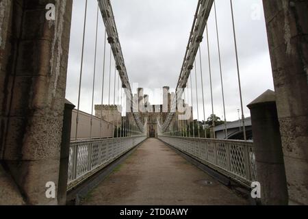 Conwy Castle, Thomas Telfords Hängebrücke, Conwy, Gwynedd, Nordwales, Großbritannien Stockfoto