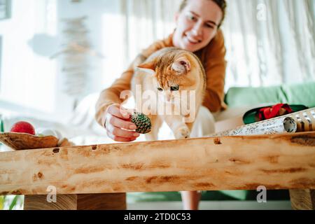 Von unten aus ein lächelndes, verschwommenes junges Weibchen, das in die Kamera blickt, während er saß und Weihnachtsschmuck in der Hand zeigte, bis hin zu einer neugierigen, entzückenden Katze im Wohnzimmer W Stockfoto